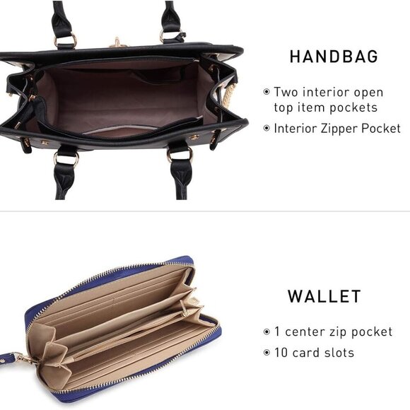 Two Tone Satchel Handbags Purses for Women Vegan Leather Shoulder Bags Large Tot - Picture 5 of 6